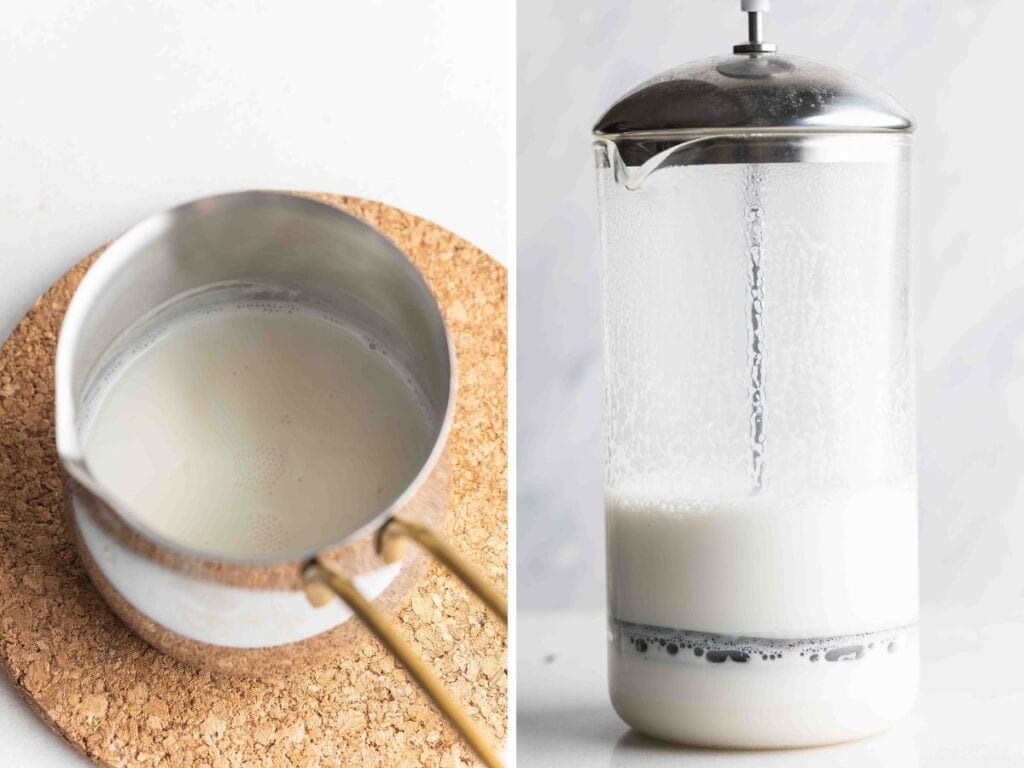 warm milk in a milk pan and a french press full of frothed milk with text that says: warm & froth milk