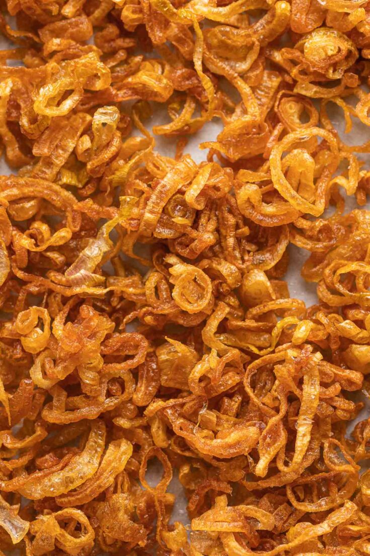 Crispy Fried Shallots on a baking sheet