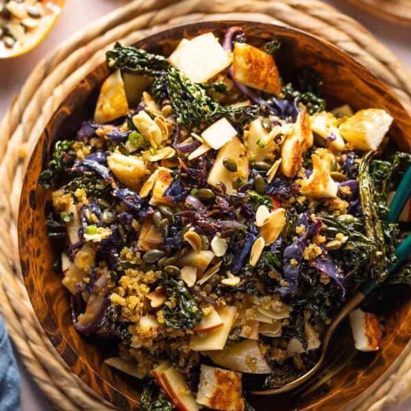 Roasted Cabbage and Kale Salad with Crispy Quinoa in a salad bowl