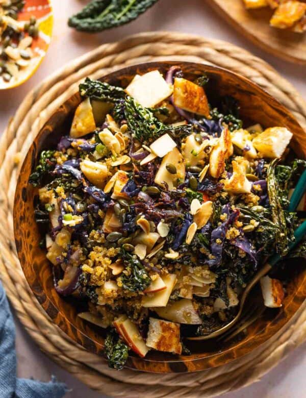 Roasted Cabbage and Kale Salad with Crispy Quinoa in a salad bowl