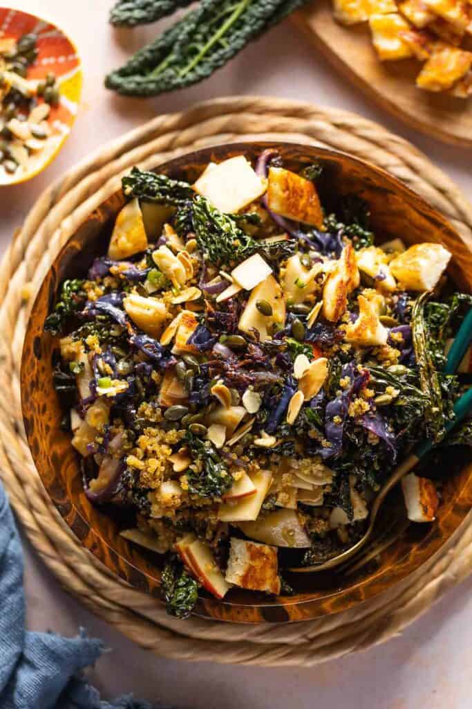 Roasted Cabbage and Kale Salad with Crispy Quinoa in a salad bowl