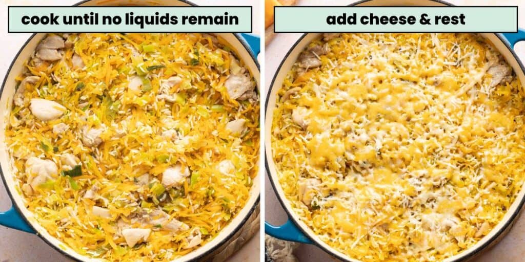 chicken and butternut squash rice dish before and after adding the cheese one top