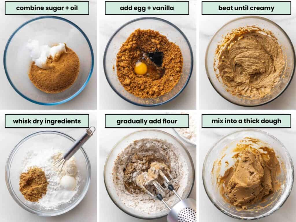 collage of steps showing how to make spiced cardamom ginger cookies dough: combine sugar + oil, add egg & vanilla, beat until creamy, whisk dry ingredients (in another bowl), gradually add flour, mix into a thick dough