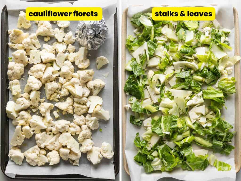 two images of baking sheets: first baking sheet has raw cauliflower florets and foil pack with garlic; second sheet has the raw cauliflower stalks and leaves