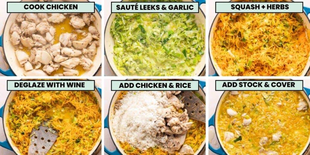 collage showing the stages to make one pot chicken and butternut squash rice dish: cook chicken, sauté leeks and garlic, add squash and herbs, deglaze with wine, add chicken and rice then add stock and cover