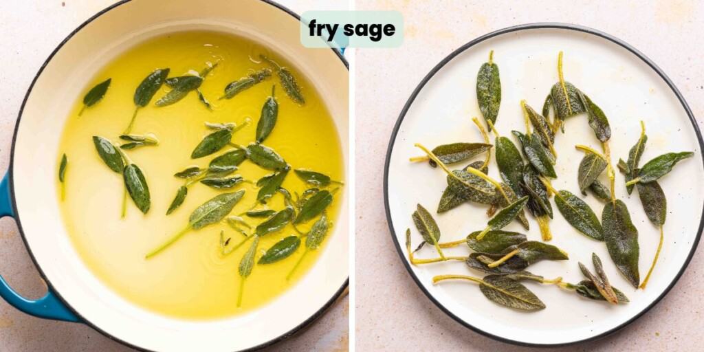 sage leaves frying in olive oil in left image then fried and cooling on a small plate in the right image