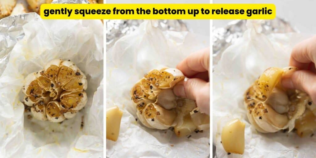 a collage showing how to easily remove garlic cloves from a roasted head of garlic: gently squeeze the cloves from the bottom of the clove and pull.  