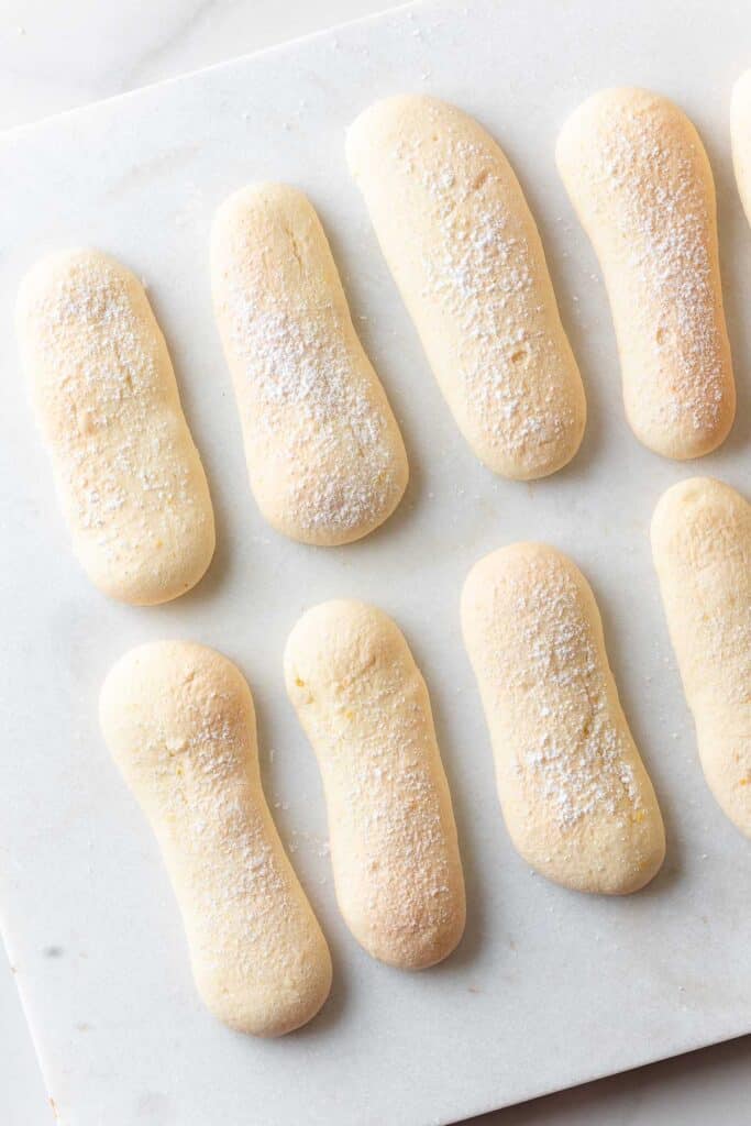 2 rows of gluten free ladyfingers on a marble surface