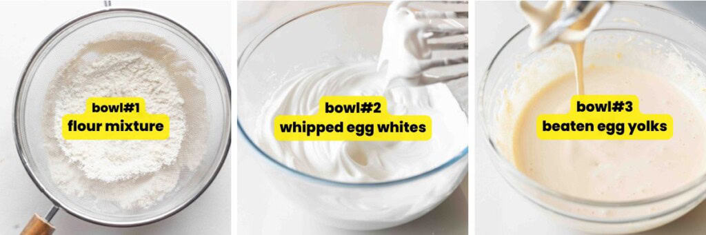 gluten free ladyfingers collage showing 3 bowls of ingredients/steps: bowl #1 has the flour mixture, bowl #2 has the whipped egg whites, bowl #3 has the beaten egg yolks