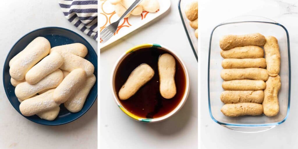 three images: gluten free ladyfingers on a plate; two ladyfingers in a bowl with coffee; coffee dipping ladyfingers layering the bottom of a baking dish