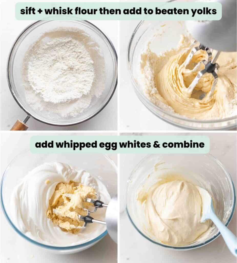 gluten free ladyfingers batter collage: whisk dry ingredients then add to beaten yolk mixture then add to whipped egg whites until combined