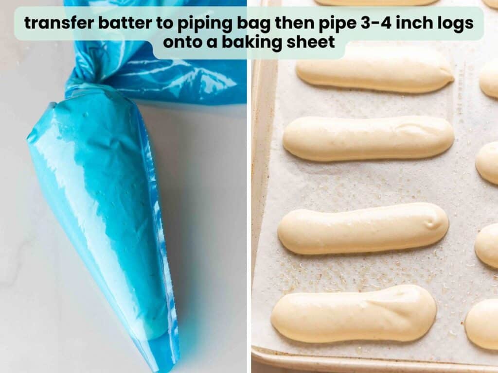 gf ladyfingers piping collage: transfer to piping bag then pipe 3-5 inch logs onto a baking sheet