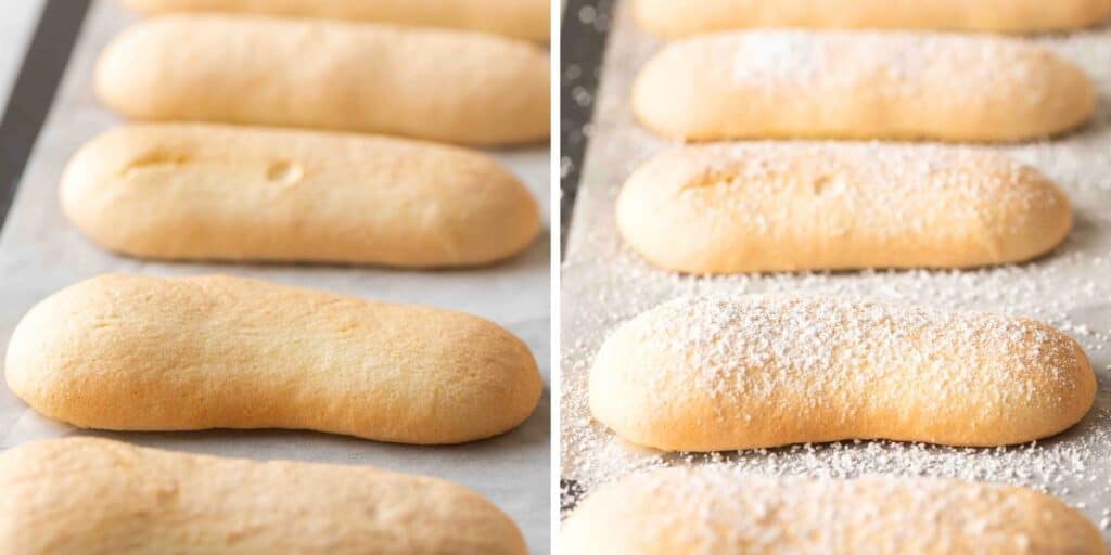 gluten free ladyfingers on a baking sheet before and after they get covered in powdered sugar