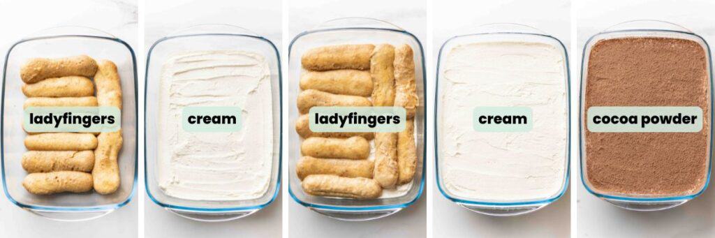 a collage showing the different layers of a gluten free tiramisu: ladyfingers, cream, ladyfingers, cream, cocoa powder