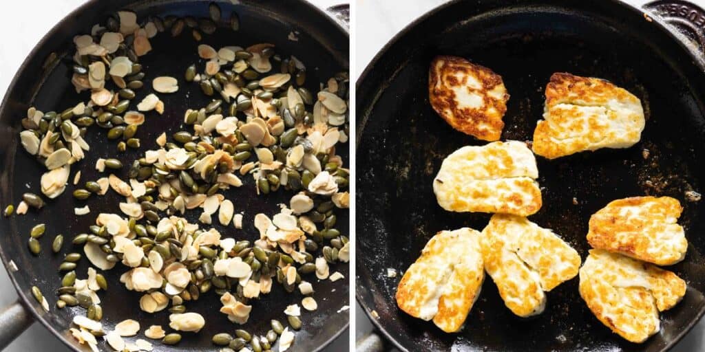 two images of a cast iron pan: first images shows pumpkin seeds and almond slices getting toasted. Second image shows halloumi slices fried