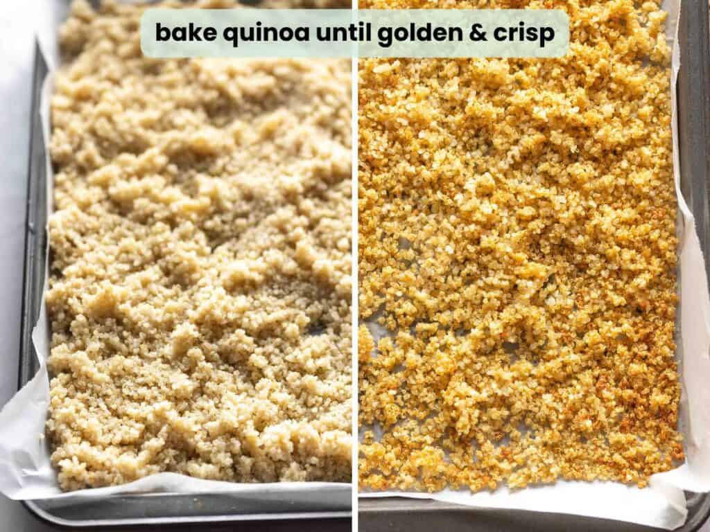 two images of cooked quinoa before and after it gets baked until golden and crisp