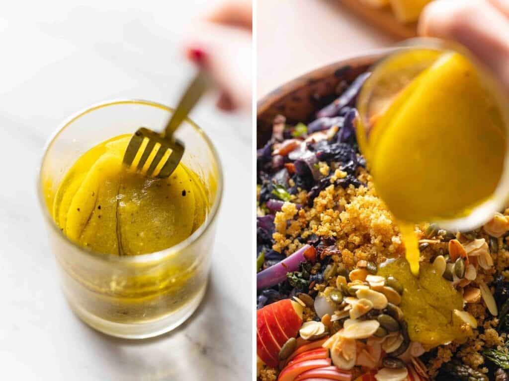 a maple mustard vinaigrette mixing with a fork in a small cup then pouring over a salad