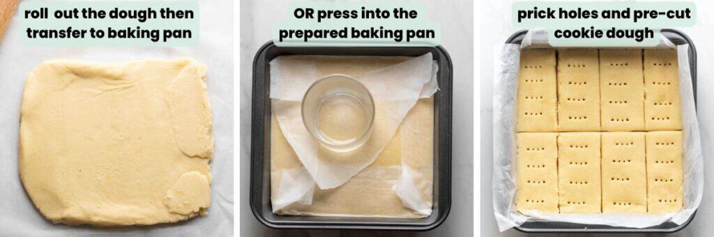 gluten free shortbread cookie dough rolled and then transferred to a baking pan or pressed into the pan then pricked with holes over the top of the dough