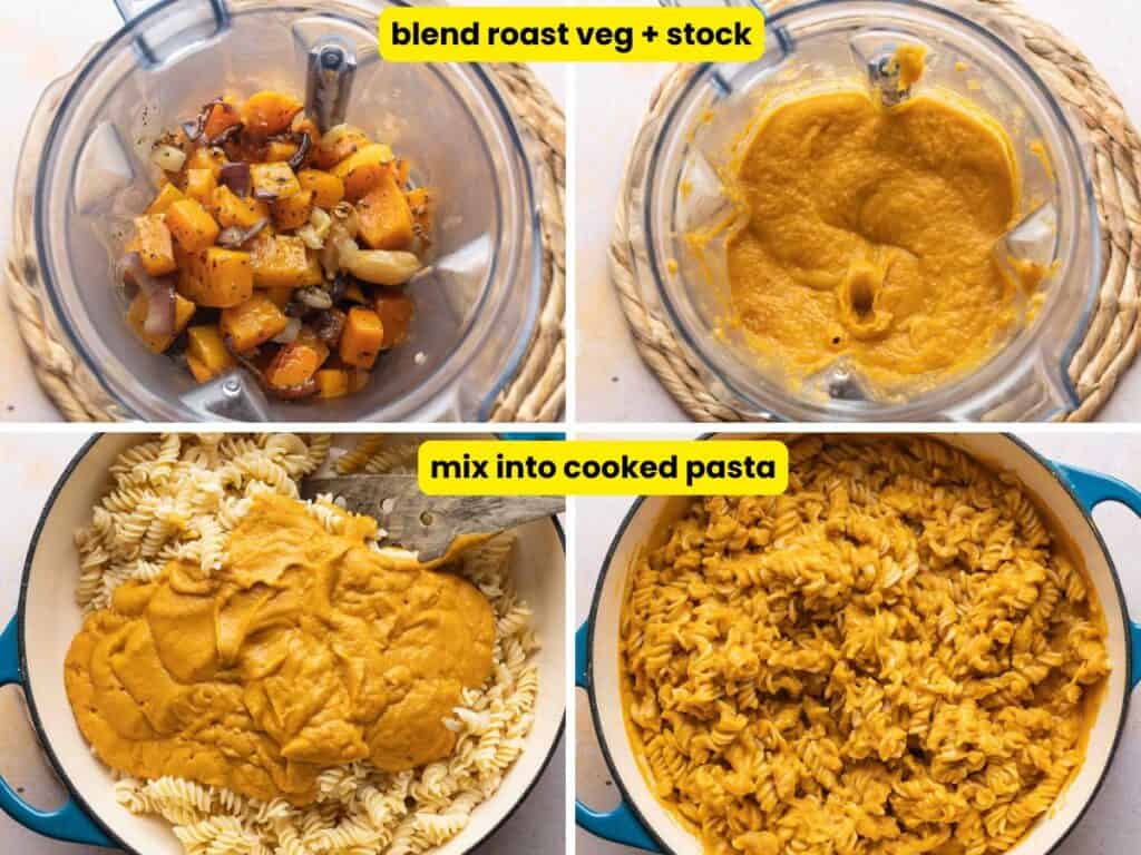 Four images showing the processes of blending roasted butternut squash, sun dried tomatoes, onion and garlic with vegetable stock into a thick sauce then adding and mixing the sauce into cooked pasta.