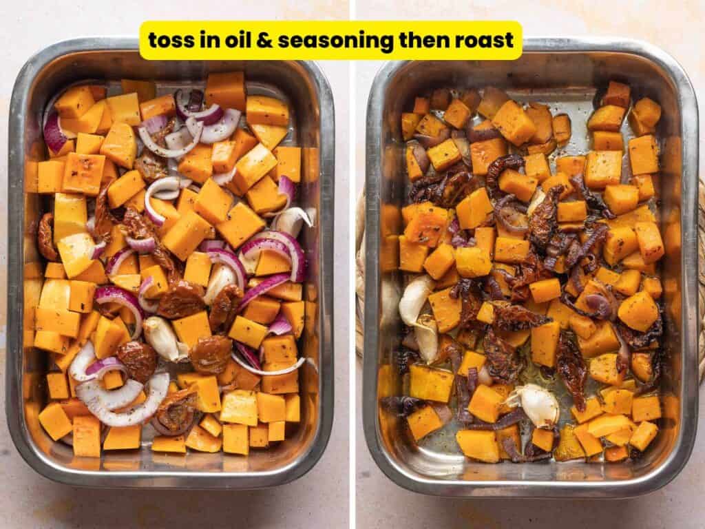 Two images showing a pan full cubed butternut squash, sun dried tomatoes, sliced red onion and garlic cloves tossed in oil and seasoning - before and after roasting