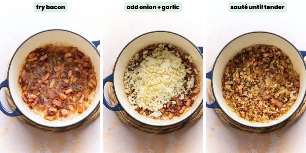 Three images showing steps in cooking process: adding tomato, potato, herbs and stock to a pot full of sautéed bacon, onion and garlic