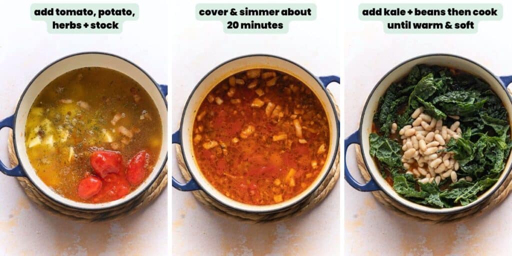 Three images show steps in a cooking process: frying bacon; adding onion and garlic; and sautéing the mixture until tender in a pot; covering the pot and simmering for about 20 minutes; then add the kale and beans and cook in the soup until warm and soft