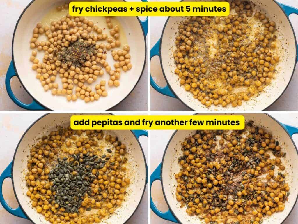 Four images showing the stages of frying chickpeas and pepitas until crispy