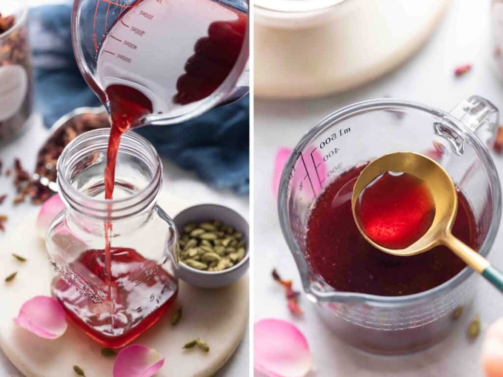 Two images of a cardamom rose simple syrup in a measuring jug and poured into a storage jar.