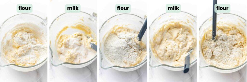 gluten free funfetti cake batter collage mixing in the flour mixture and buttermilk at alternating intervals: flour, milk, flour, milk, flour