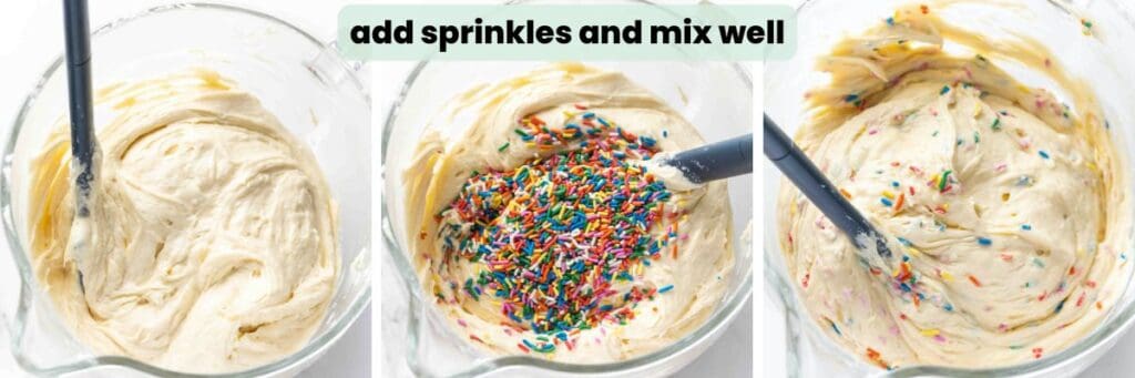 gluten free funfetti cake batter with sprinkles mixed in