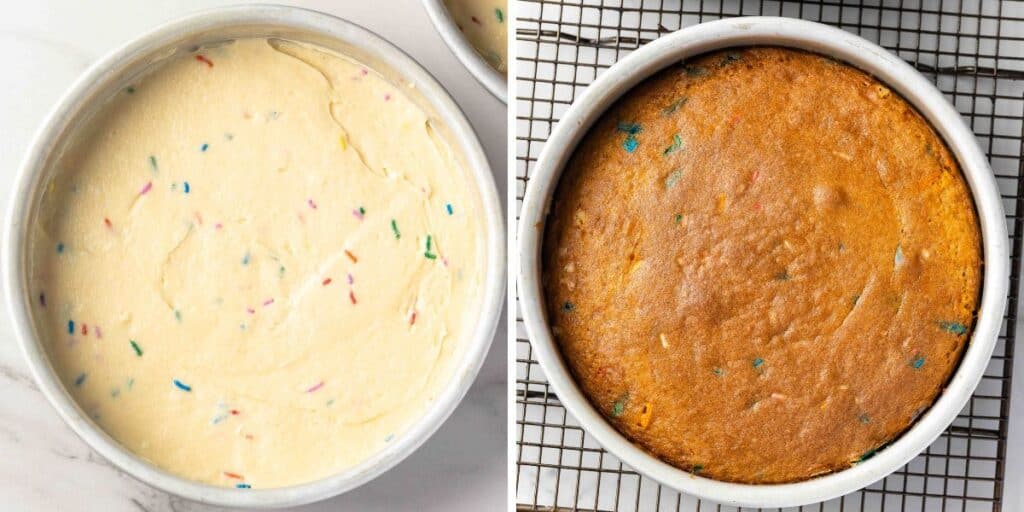 gluten free funfetti cake batter in a cake pan before and after baking