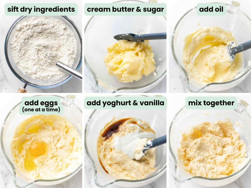 gluten free funfetti cake batter collage: sift dry ingredients, cream butter & sugar, add oil, add eggs. add yoghurt & vanilla. mix together