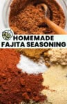 Homemade Fajita Seasoning pinterest marketing image: the homemade spice in a storage jar and unmixed on a plate.