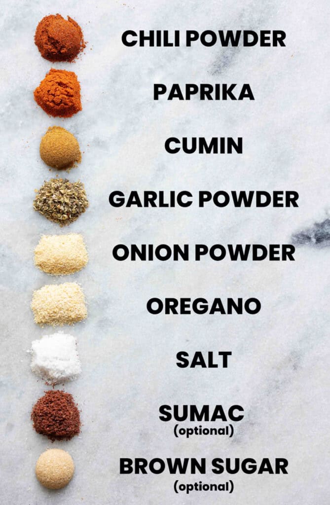 The individual spices needed to make a homemade fajitas spice blend lined up in a row with names listed next to each spice: chili powder, paprika, cumin, garlic powder, onion powder, oregano, salt, sumac (optional) and brown sugar (optional)