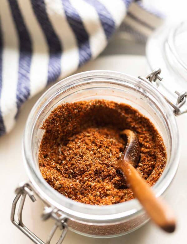 Homemade Fajita Spice Mix in a small storage jar