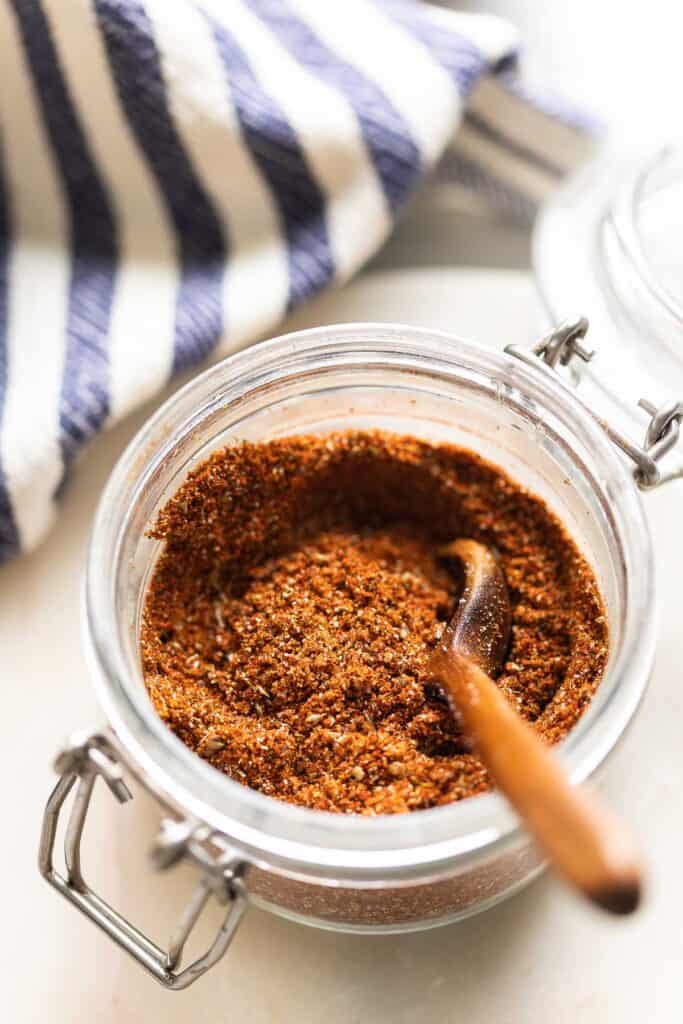 Homemade Fajita Spice Mix in a small storage jar 