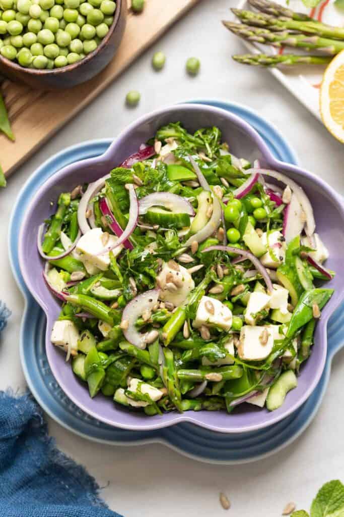 Crunchy Spring Greens Salad in a flower shaped bowl