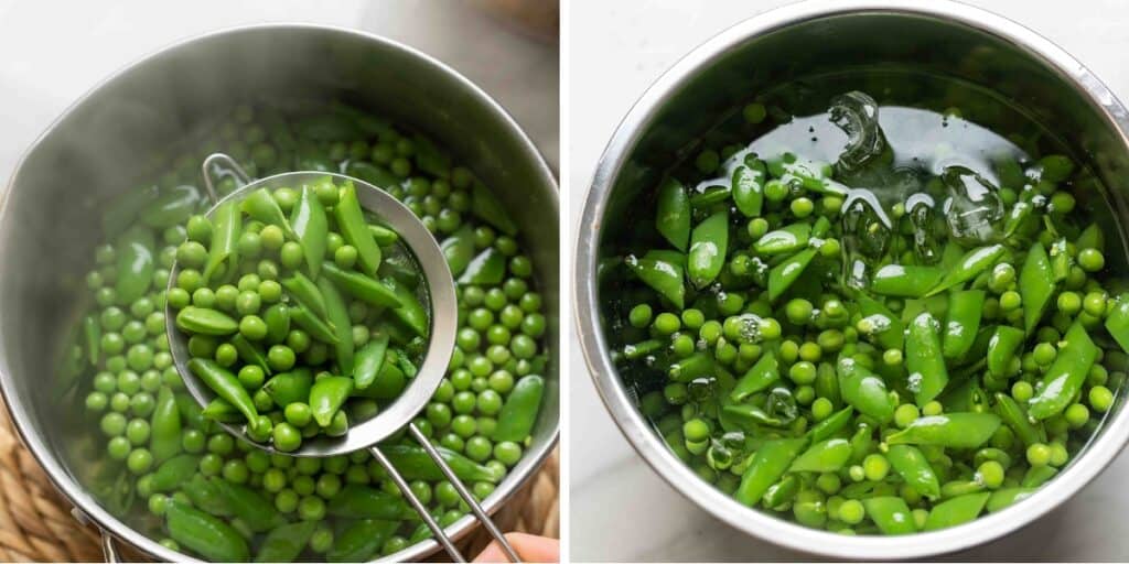 Two images: left image is a strainer scooping snap peas and english peas out of a pot of boiling water. Right image shows the peas cooling in an ice bath.